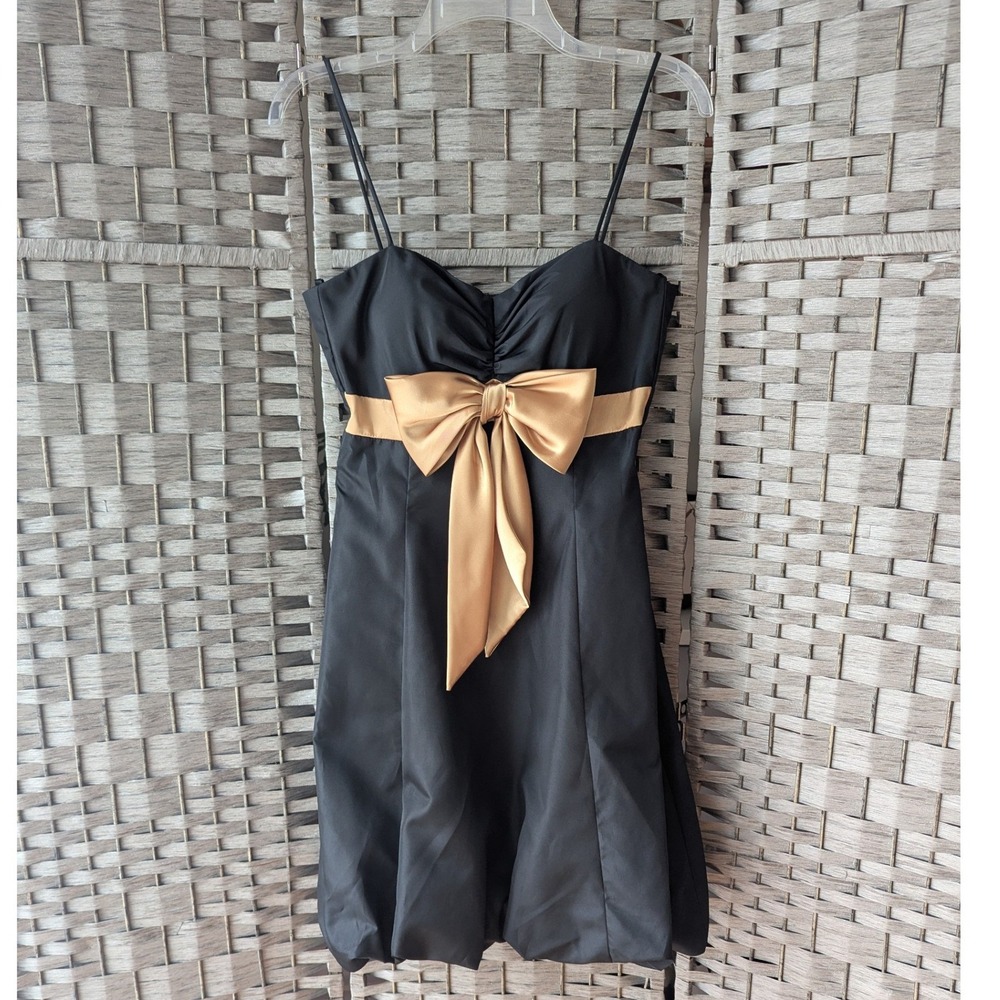 Vtg Y2K Bubble Hem Dress Black Gold Bow Empire‎ Waist 8 Glam Party Formal Hoco